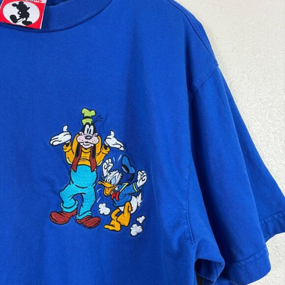 Vintage Mickey Inc Disney Parks Tee L Embroidered Goofy Donald 90s Royal Blue - Picture 2 of 7